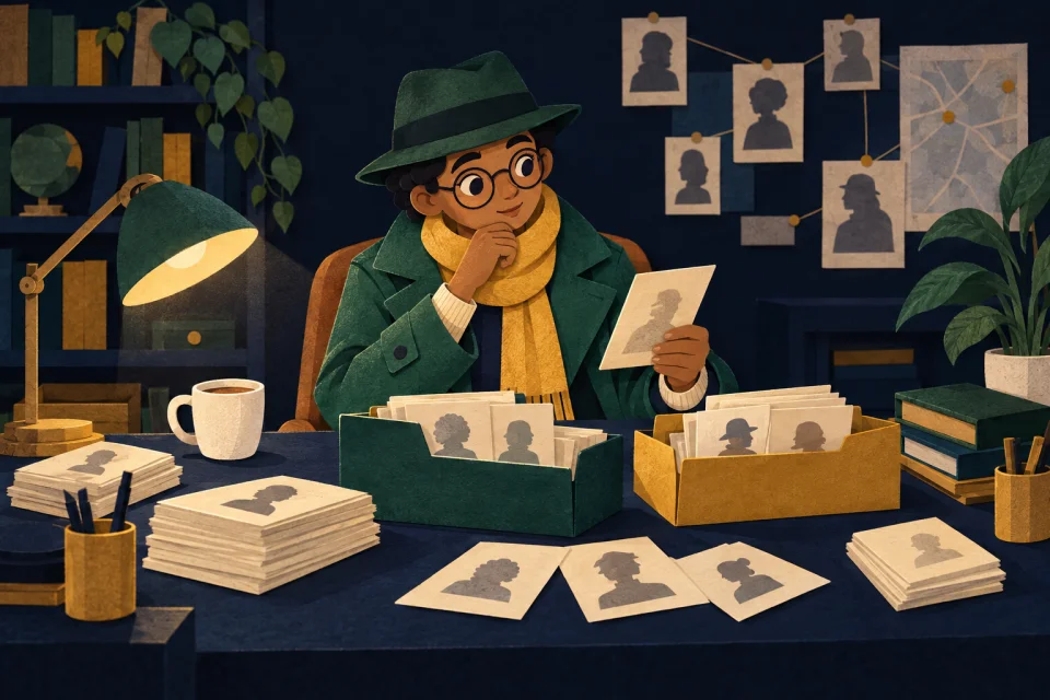 A detective sorts old profile cards into green and yellow folders at a lamplit desk.