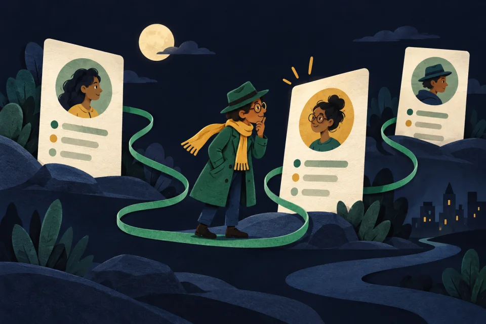 A green-coated detective follows a winding trail between oversized public-profile cards.