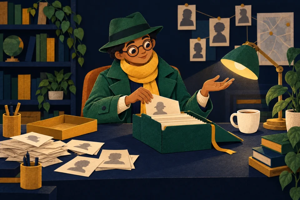 A detective places the final profile card into a neatly organized green case folder.