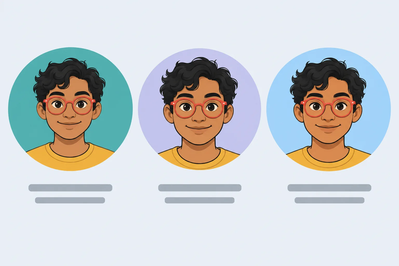 Three fictional profile mockups reuse a cartoon avatar with red glasses, changing the crop, background and color.